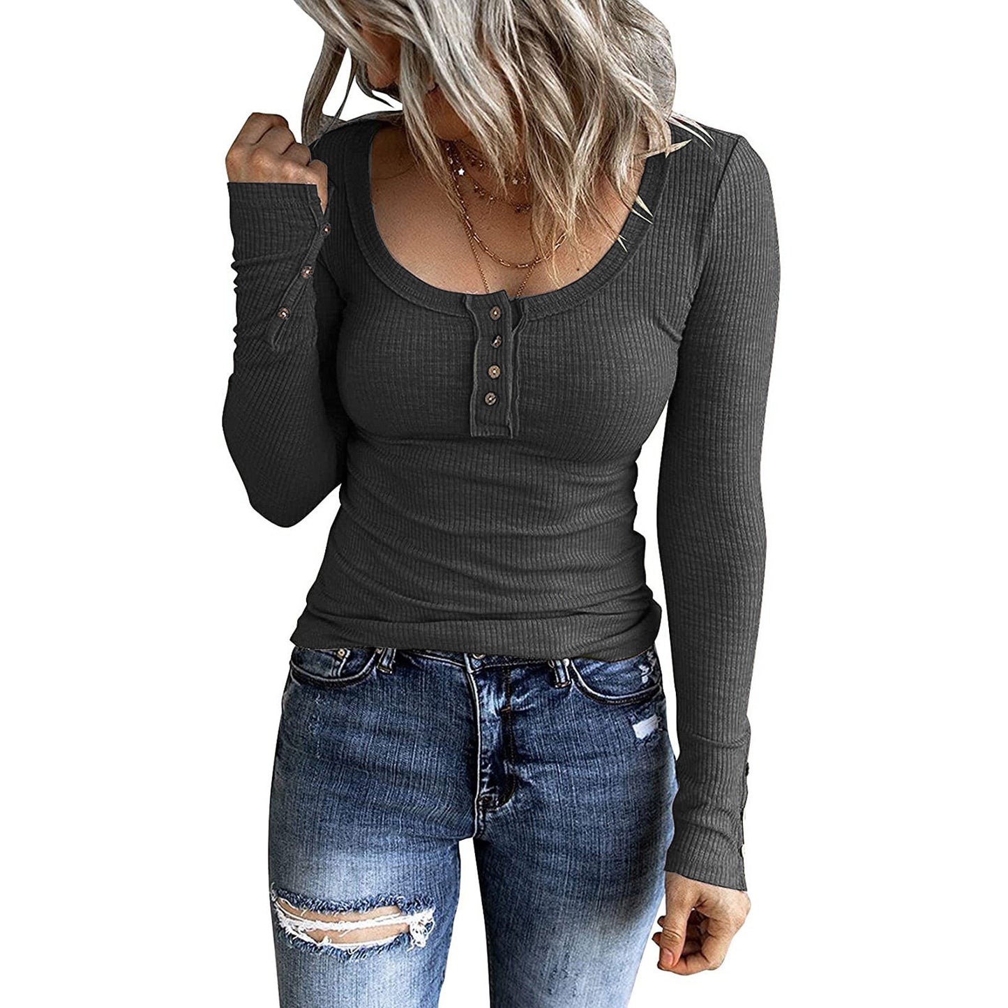 Women’s Knotted Button Cardigan Tunic - Fall 2025 V-Neck Long Sleeve T-Shirt Top | Casual Everyday Wear for Autumn Fashion