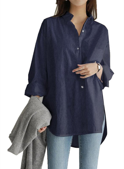 Fashionable Women’s Long Sleeve Button-Down Shirt - Relaxed Fit Irregular Hem for Summer Autumn Winter Work & Casual Wear