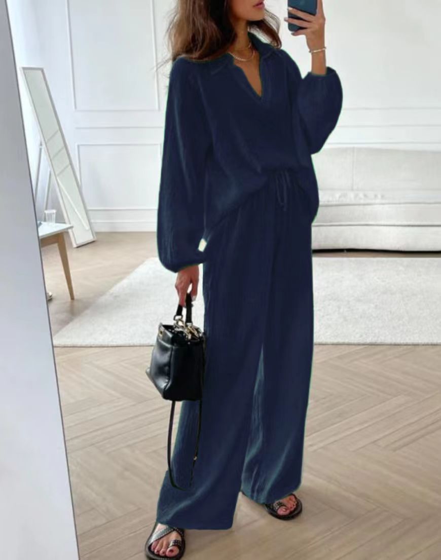 Elegant Women’s Casual Loose Outfit Set - Long Sleeve Blouse + Drawstring Pant Set | Spring Autumn Notch Lapel Two-Piece Comfortable Outfit