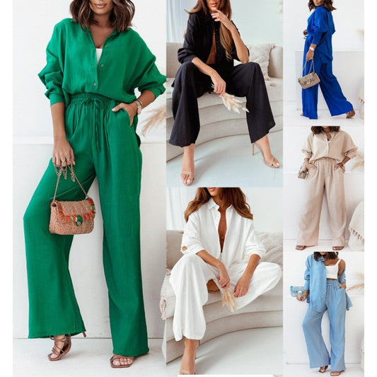 Fall winter 2025 outfits Knit crepe pants sets Comfortable women’s 2-piece sets Loose fit shirt and pants combo Stretchy fall apparel