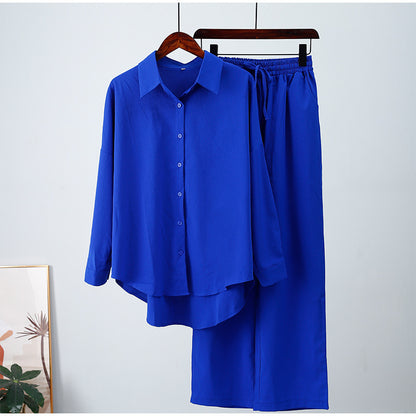 Fall winter 2025 outfits Knit crepe pants sets Comfortable women’s 2-piece sets Loose fit shirt and pants combo Stretchy fall apparel