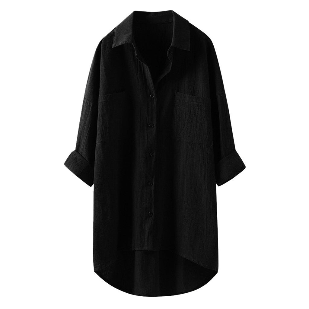 Women’s Spring Autumn Cotton Linen Shirt - Casual Button-Up Cardigan with Double Pockets, Long Sleeve Blouse for Everyday Wear