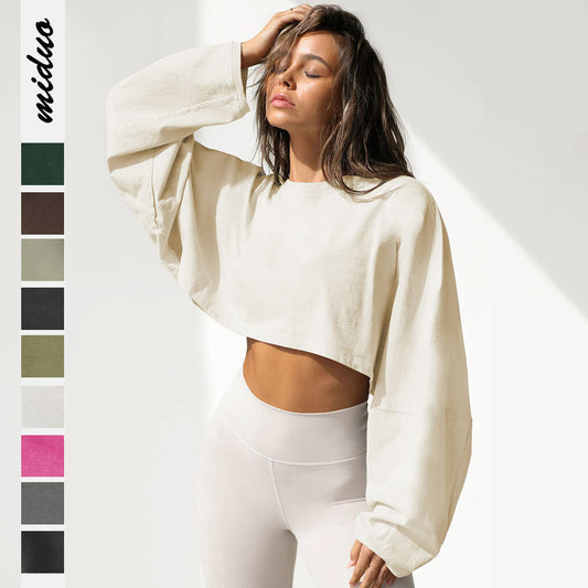 2025 Women's Cropped Round Neck Sweatshirt Long Sleeve T Shirt Workout Knit Top Casual Streetwear Fashion