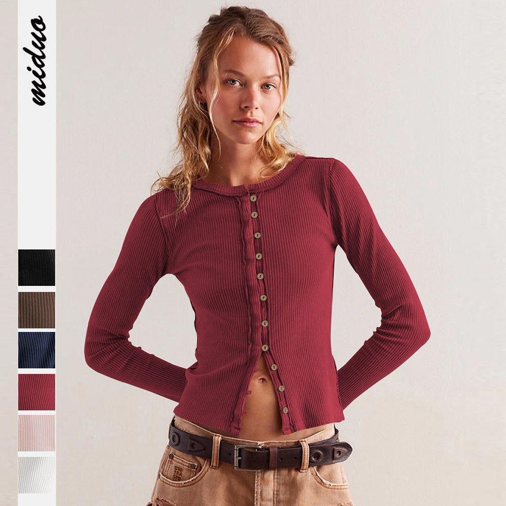 Fashion Hot Sale 2025 Women's Long Sleeve Crew Neck Button Ribbed Solid Color Autumn and Winter Warm Cardigan Jacket Women