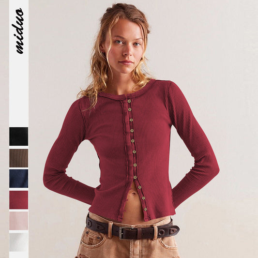 Fashion Hot Sale 2025 Women's Long Sleeve Crew Neck Button Ribbed Solid Color Autumn and Winter Warm Cardigan Jacket Women