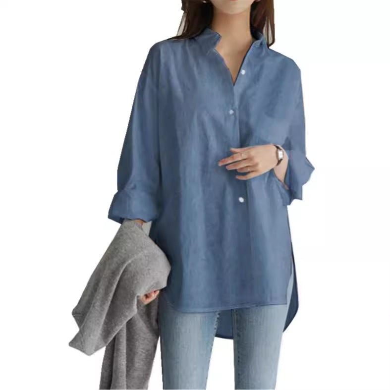 Fashionable Women’s Long Sleeve Button-Down Shirt - Relaxed Fit Irregular Hem for Summer Autumn Winter Work & Casual Wear