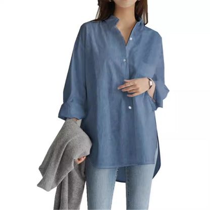 Fashionable Women’s Long Sleeve Button-Down Shirt - Relaxed Fit Irregular Hem for Summer Autumn Winter Work & Casual Wear