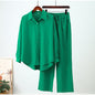 Fall winter 2025 outfits Knit crepe pants sets Comfortable women’s 2-piece sets Loose fit shirt and pants combo Stretchy fall apparel