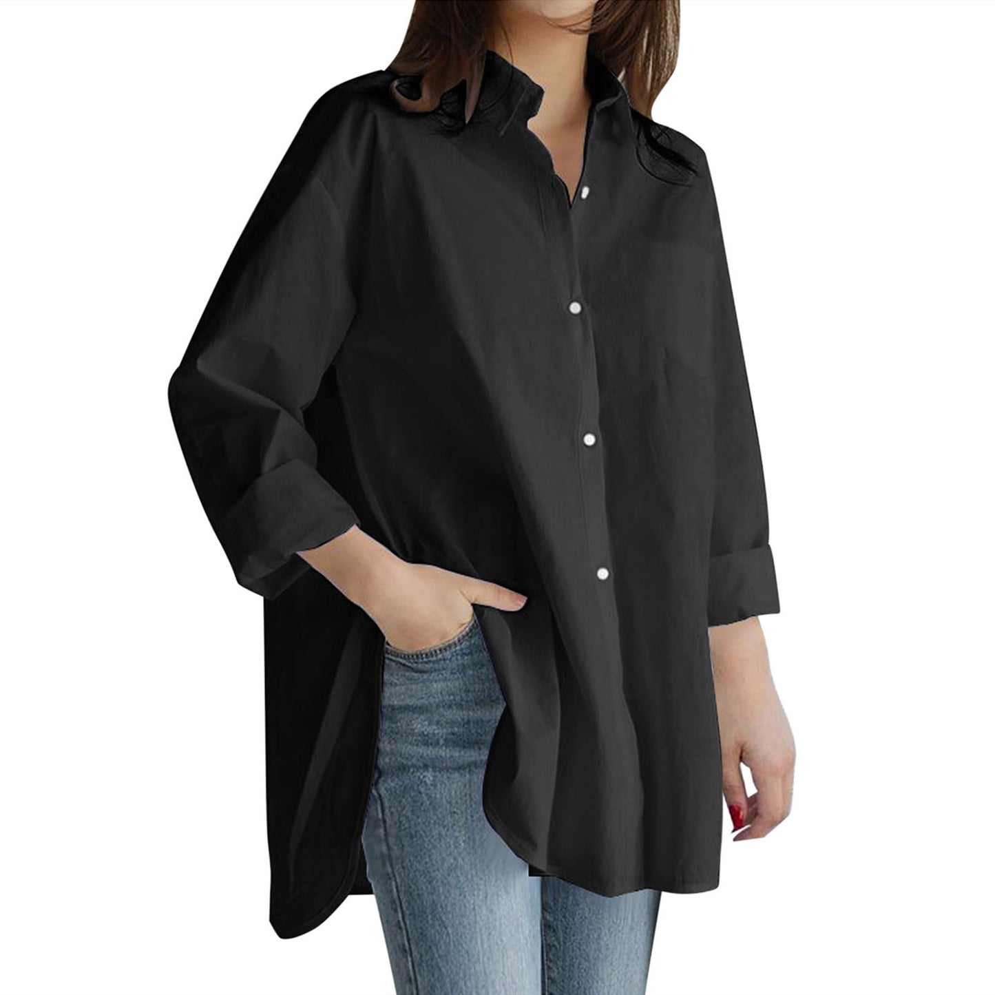 Fashionable Women’s Long Sleeve Button-Down Shirt - Relaxed Fit Irregular Hem for Summer Autumn Winter Work & Casual Wear