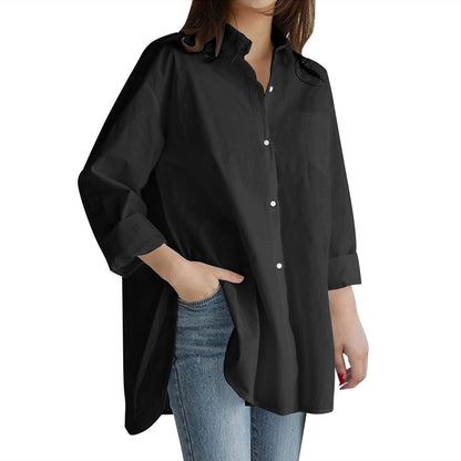 Fashionable Women’s Long Sleeve Button-Down Shirt - Relaxed Fit Irregular Hem for Summer Autumn Winter Work & Casual Wear
