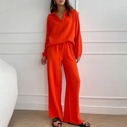 Elegant Women’s Casual Loose Outfit Set - Long Sleeve Blouse + Drawstring Pant Set | Spring Autumn Notch Lapel Two-Piece Comfortable Outfit