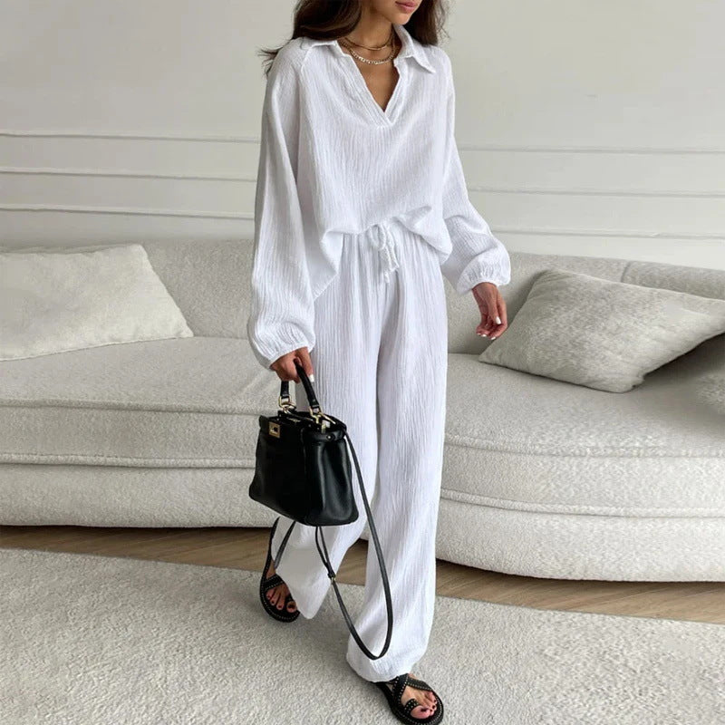 Elegant Women’s Casual Loose Outfit Set - Long Sleeve Blouse + Drawstring Pant Set | Spring Autumn Notch Lapel Two-Piece Comfortable Outfit