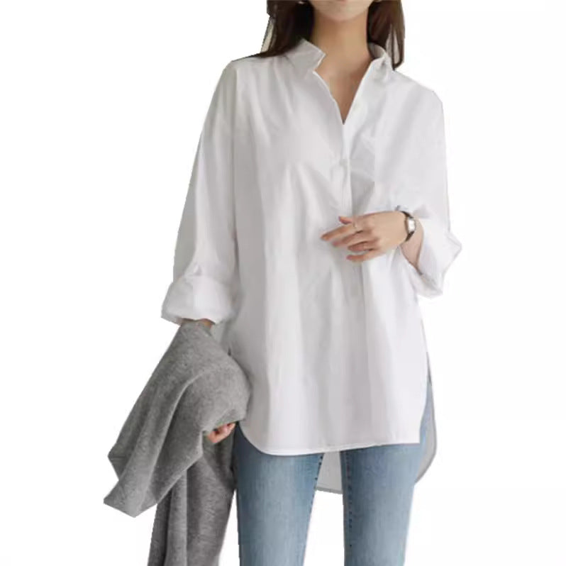 Fashionable Women’s Long Sleeve Button-Down Shirt - Relaxed Fit Irregular Hem for Summer Autumn Winter Work & Casual Wear