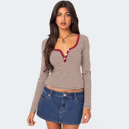 Hot Sale New Contrasting Striped Knitted Sweater Clothes Women's Summer Top Button Slim Shoulder T-Shirt Pure Cotton Fashion Sense