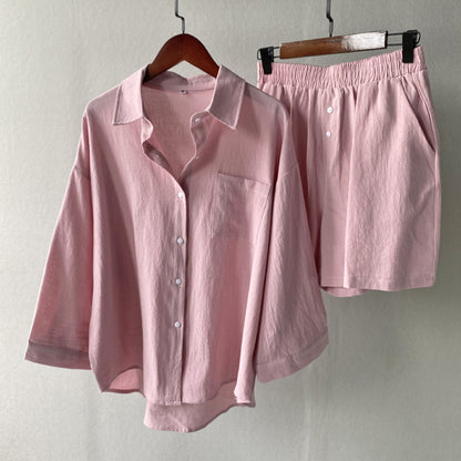 Vintage Plus Size 2-Piece Cotton-Linen Shirt Dress & High-Waisted Wide-Leg Shorts Summer Casual Outfit