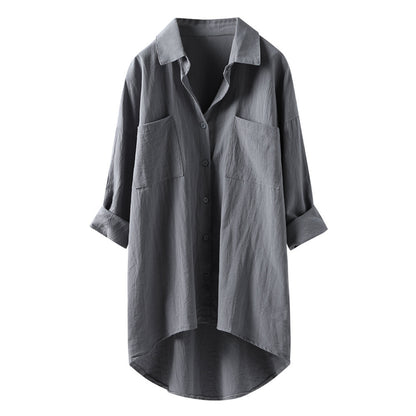 Women’s Spring Autumn Cotton Linen Shirt - Casual Button-Up Cardigan with Double Pockets, Long Sleeve Blouse for Everyday Wear