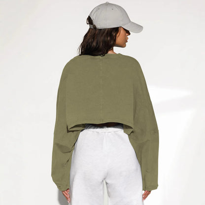 2025 Women's Cropped Round Neck Sweatshirt Long Sleeve T Shirt Workout Knit Top Casual Streetwear Fashion