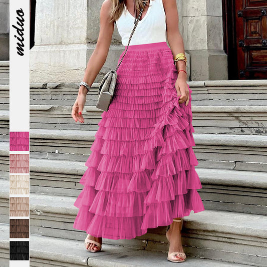 "New Design French Style Long Fall Elegance Pure Color High-waisted Net Mesh Cake Dress Puffed Semi-Length Skirt"