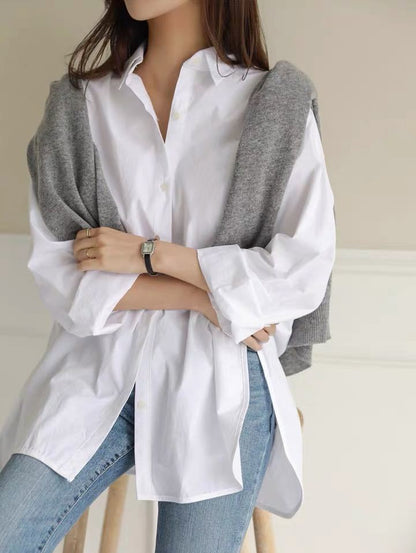 Fashionable Women’s Long Sleeve Button-Down Shirt - Relaxed Fit Irregular Hem for Summer Autumn Winter Work & Casual Wear