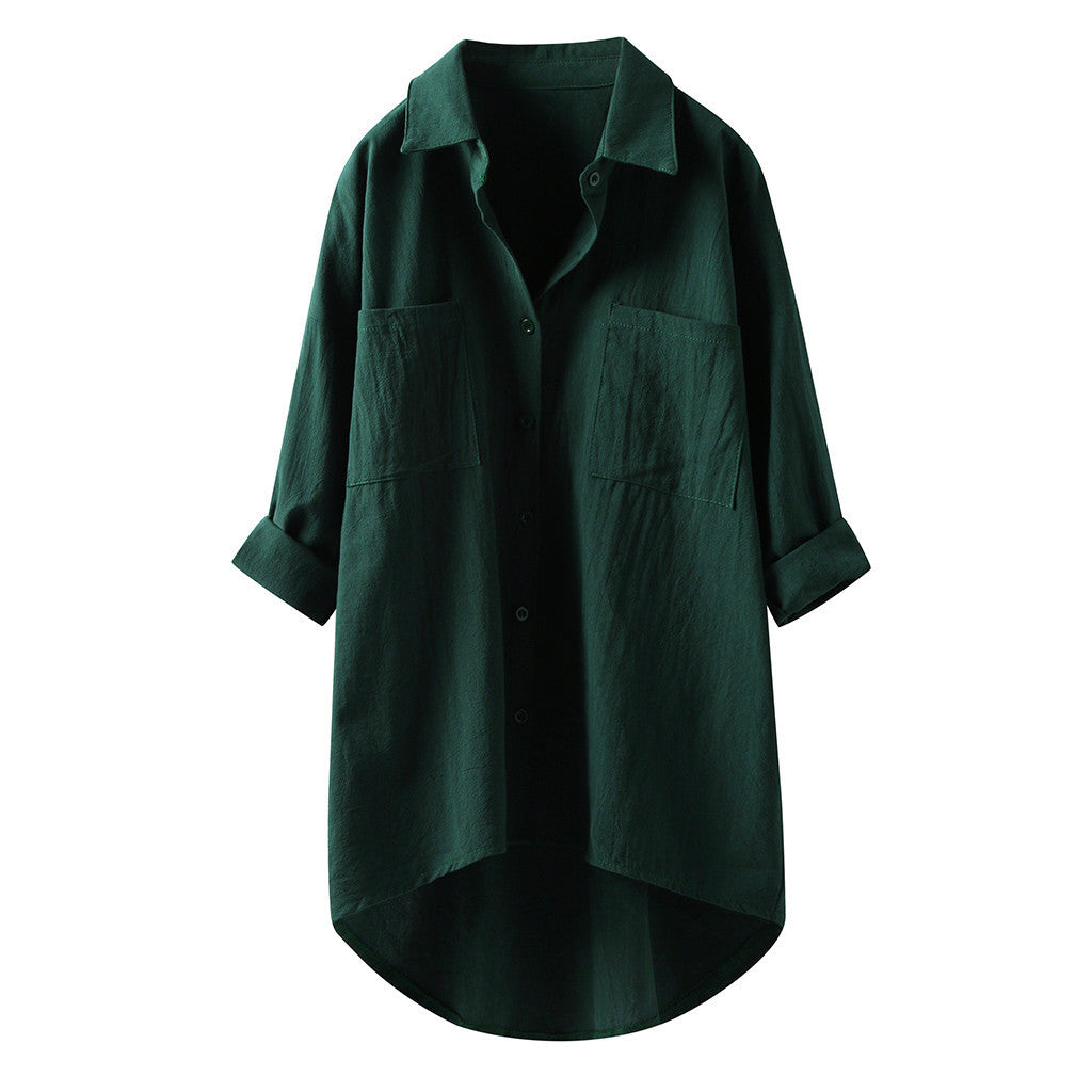 Women’s Spring Autumn Cotton Linen Shirt - Casual Button-Up Cardigan with Double Pockets, Long Sleeve Blouse for Everyday Wear