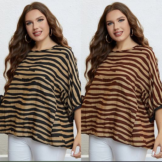 Fashionable Summer Zebra Stripe 34 Sleeve Blouse Plus Size Womens Top New Arrival