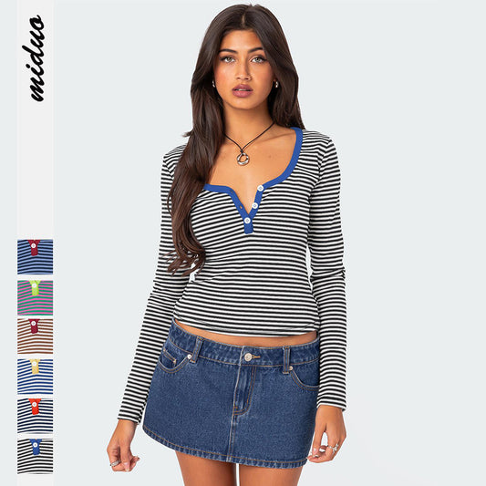 Hot Sale New Contrasting Striped Knitted Sweater Clothes Women's Summer Top Button Slim Shoulder T-Shirt Pure Cotton Fashion Sense