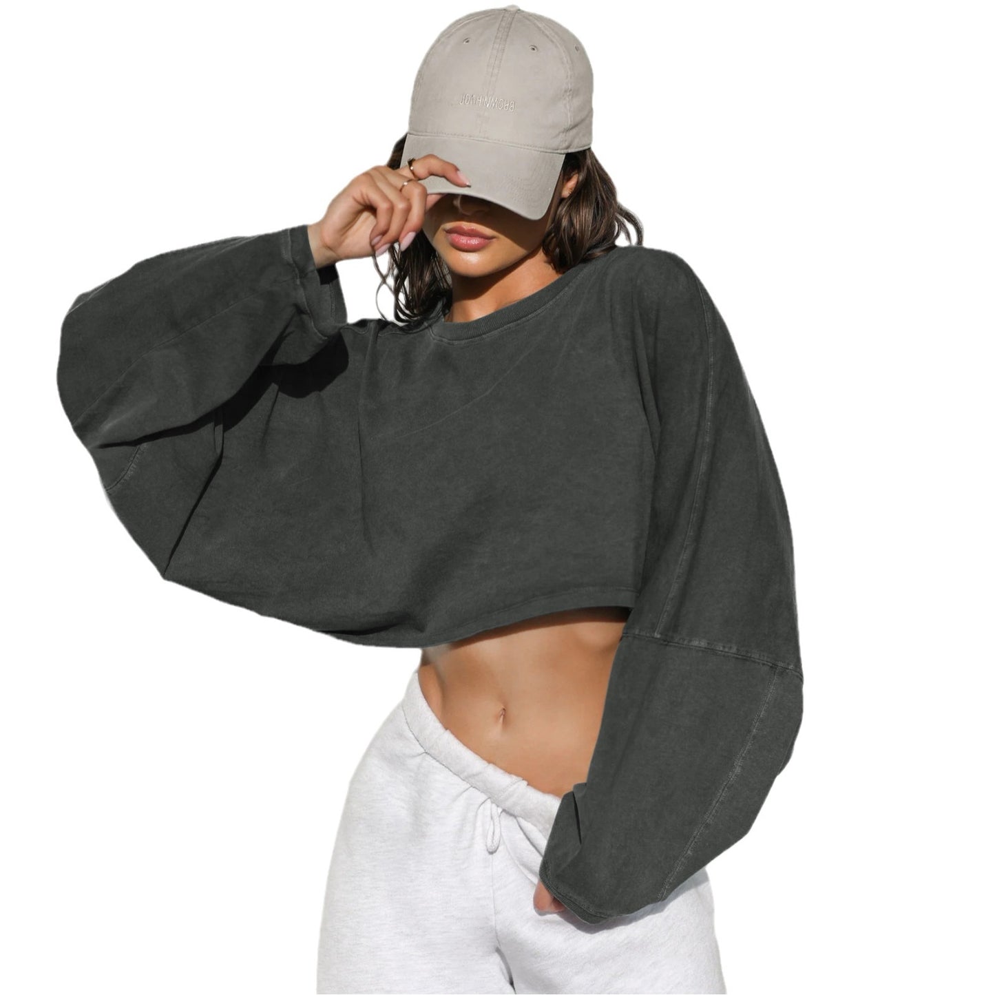 2025 Women's Cropped Round Neck Sweatshirt Long Sleeve T Shirt Workout Knit Top Casual Streetwear Fashion