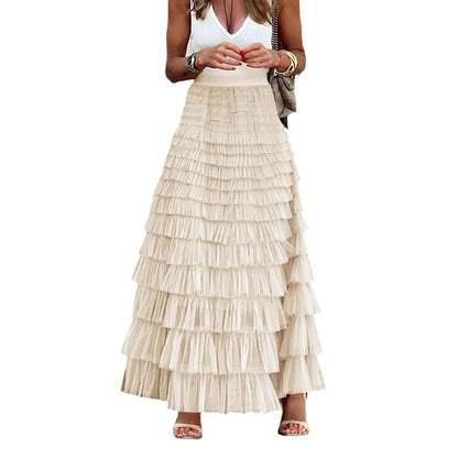 "New Design French Style Long Fall Elegance Pure Color High-waisted Net Mesh Cake Dress Puffed Semi-Length Skirt"