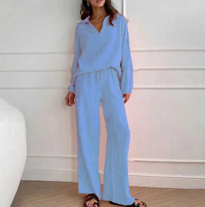 Elegant Women’s Casual Loose Outfit Set - Long Sleeve Blouse + Drawstring Pant Set | Spring Autumn Notch Lapel Two-Piece Comfortable Outfit