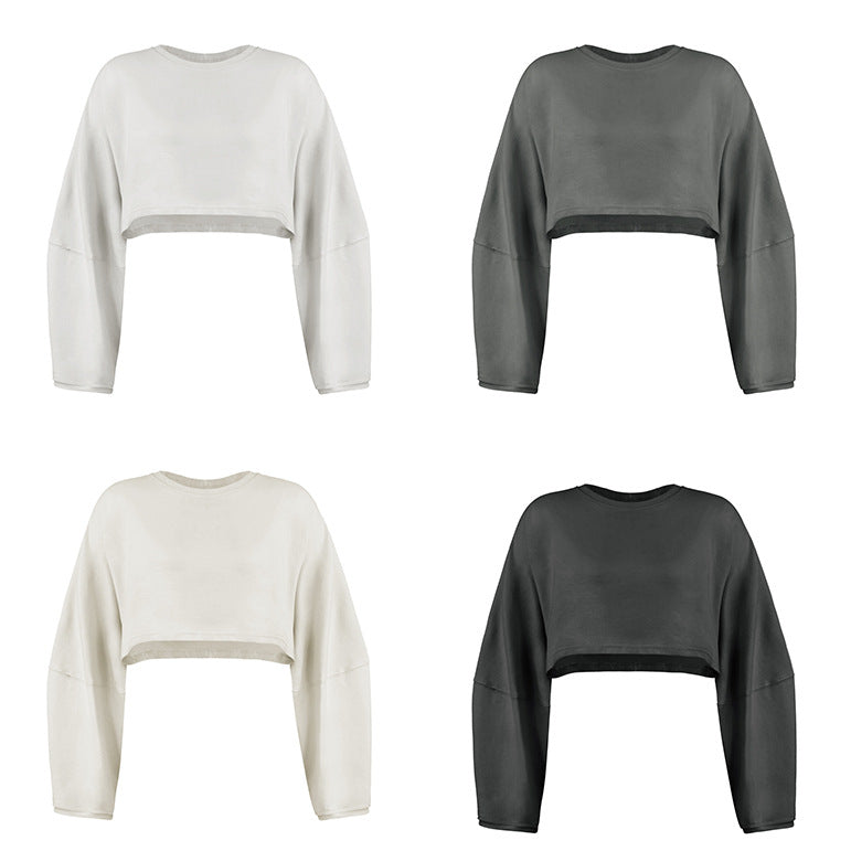 2025 Women's Cropped Round Neck Sweatshirt Long Sleeve T Shirt Workout Knit Top Casual Streetwear Fashion