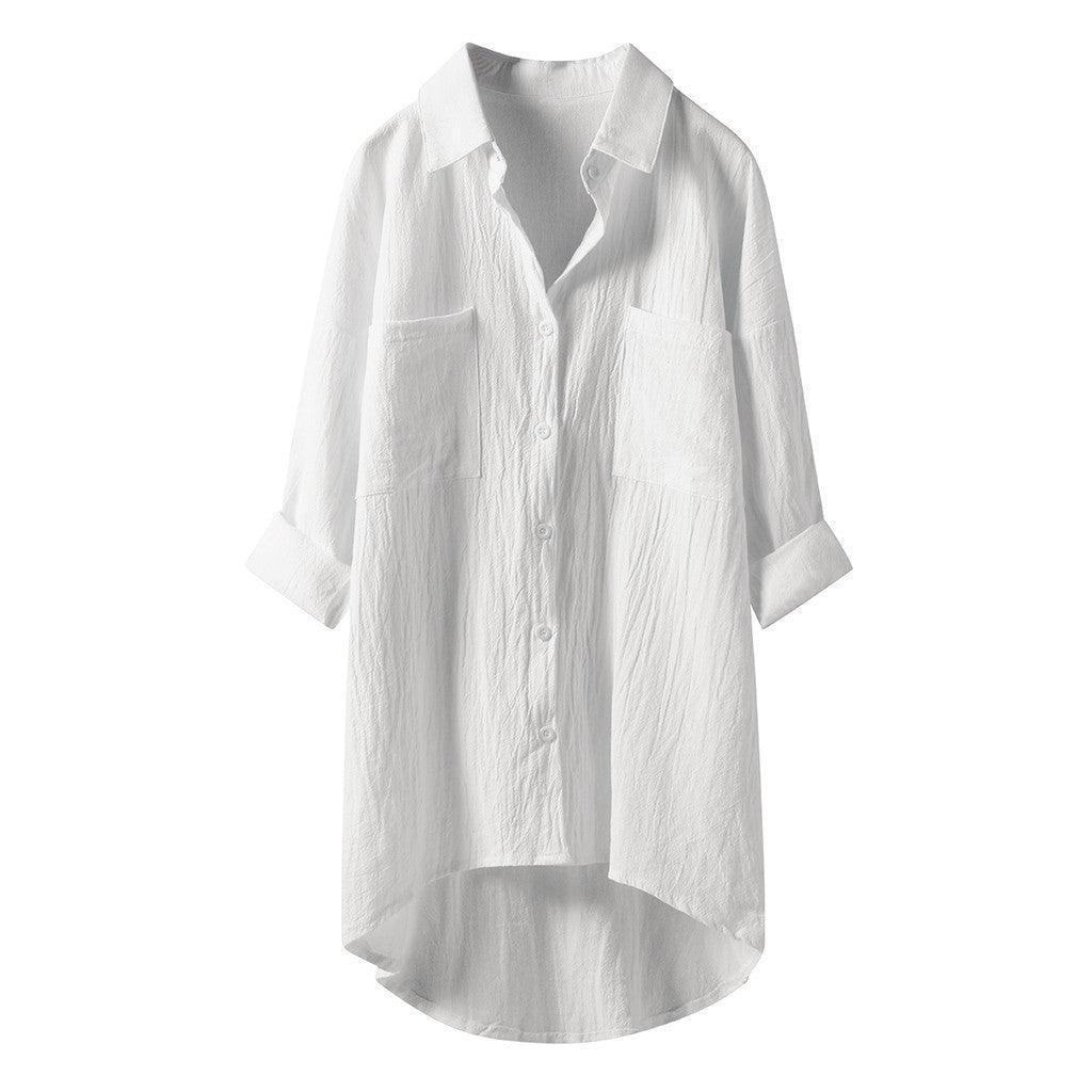 Women’s Spring Autumn Cotton Linen Shirt - Casual Button-Up Cardigan with Double Pockets, Long Sleeve Blouse for Everyday Wear