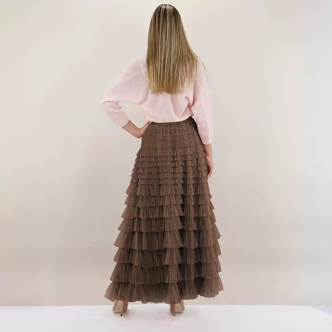"New Design French Style Long Fall Elegance Pure Color High-waisted Net Mesh Cake Dress Puffed Semi-Length Skirt"