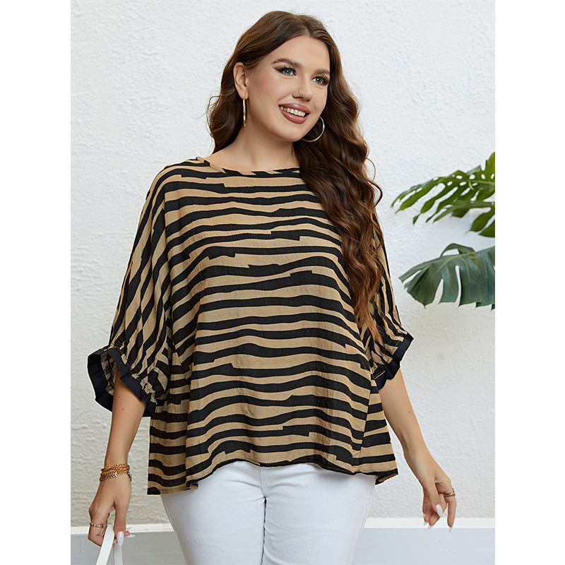 Fashionable Summer Zebra Stripe 34 Sleeve Blouse Plus Size Womens Top New Arrival