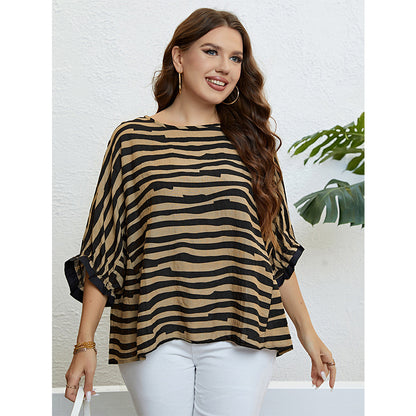 Fashionable Summer Zebra Stripe 34 Sleeve Blouse Plus Size Womens Top New Arrival