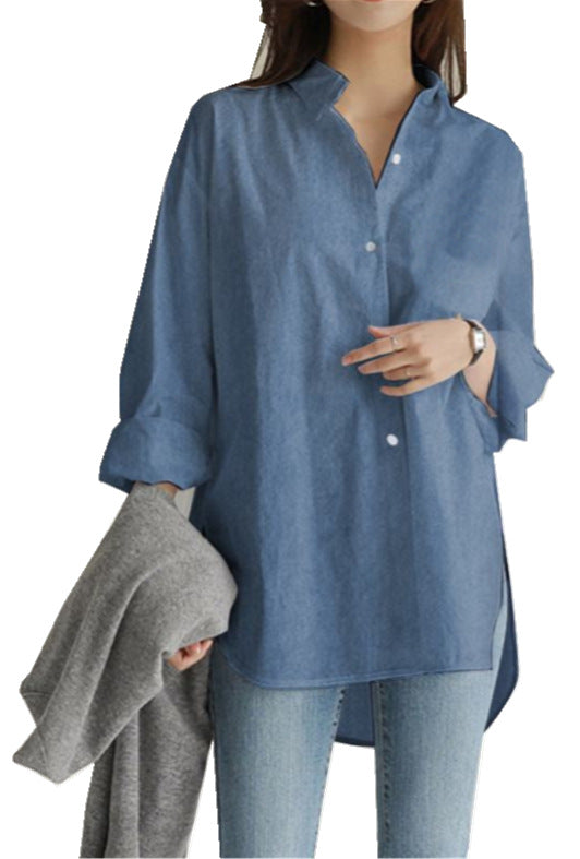Fashionable Women’s Long Sleeve Button-Down Shirt - Relaxed Fit Irregular Hem for Summer Autumn Winter Work & Casual Wear