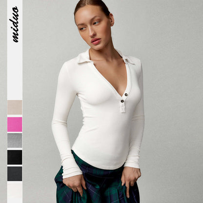 2025 new high-end women's threaded polo collar long-sleeved T-shirt slim-fit knitted sweater women's top summer high-end feeling