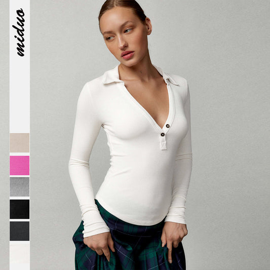2025 new high-end women's threaded polo collar long-sleeved T-shirt slim-fit knitted sweater women's top summer high-end feeling