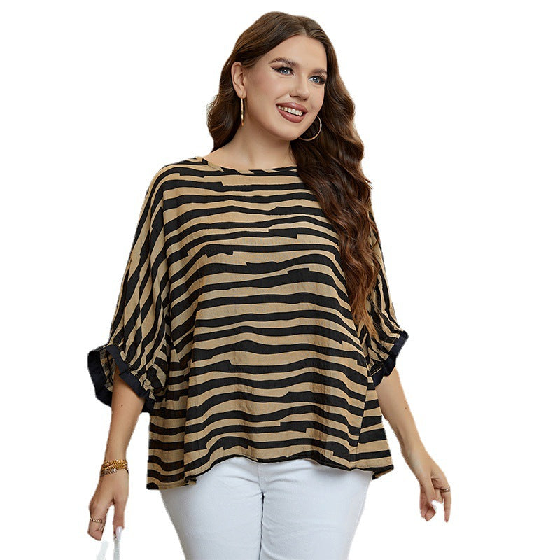 Fashionable Summer Zebra Stripe 34 Sleeve Blouse Plus Size Womens Top New Arrival