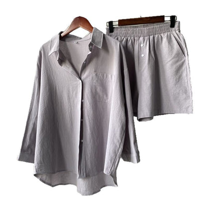 Vintage Plus Size 2-Piece Cotton-Linen Shirt Dress & High-Waisted Wide-Leg Shorts Summer Casual Outfit