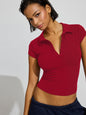 2025 spring and summer new European and American POLO collar button short sleeve tight sports waist versatile top fashionable and loose, leading the trend!