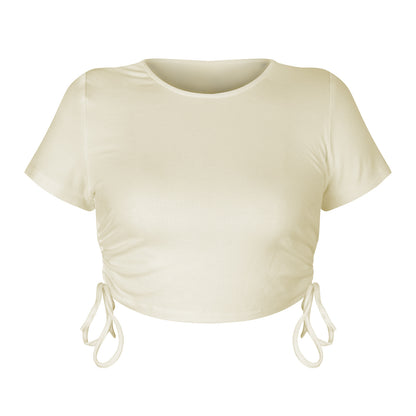Stylish and sexy pit strip open button short drawstring strap round neck short sleeve T-shirt European and American women's clothing bm top