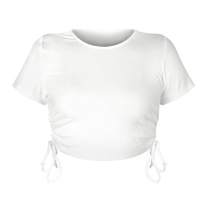 Stylish and sexy pit strip open button short drawstring strap round neck short sleeve T-shirt European and American women's clothing bm top