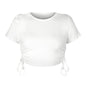 Stylish and sexy pit strip open button short drawstring strap round neck short sleeve T-shirt European and American women's clothing bm top