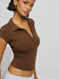 2025 spring and summer new European and American POLO collar button short sleeve tight sports waist versatile top fashionable and loose, leading the trend!