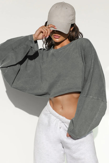 2025 Women's Cropped Round Neck Sweatshirt Long Sleeve T Shirt Workout Knit Top Casual Streetwear Fashion