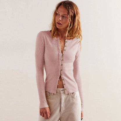 Fashion Hot Sale 2025 Women's Long Sleeve Crew Neck Button Ribbed Solid Color Autumn and Winter Warm Cardigan Jacket Women