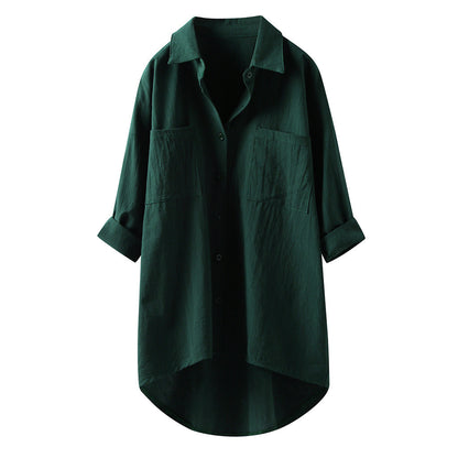 Women’s Spring Autumn Cotton Linen Shirt - Casual Button-Up Cardigan with Double Pockets, Long Sleeve Blouse for Everyday Wear
