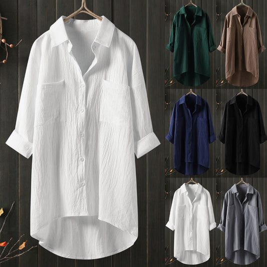 Women’s Spring Autumn Cotton Linen Shirt - Casual Button-Up Cardigan with Double Pockets, Long Sleeve Blouse for Everyday Wear