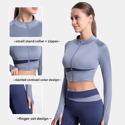 2025 Summer Women’s Two-Tone Yoga Crop Top - High Neck Quick-Dry Outdoor Fitness Activewear